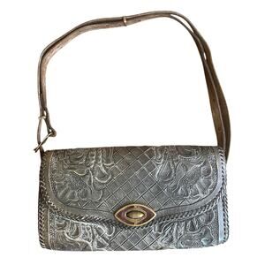 Vintage 1960's-70's Charcoal Gray Tooled Artisan Leather  Bag